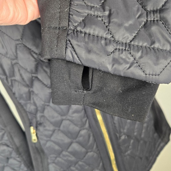 Michael‎ Kors Women Black Quilted Puffer Jacket Hooded Faux Fur Trim Gold Logo M - Picture 3 of 14